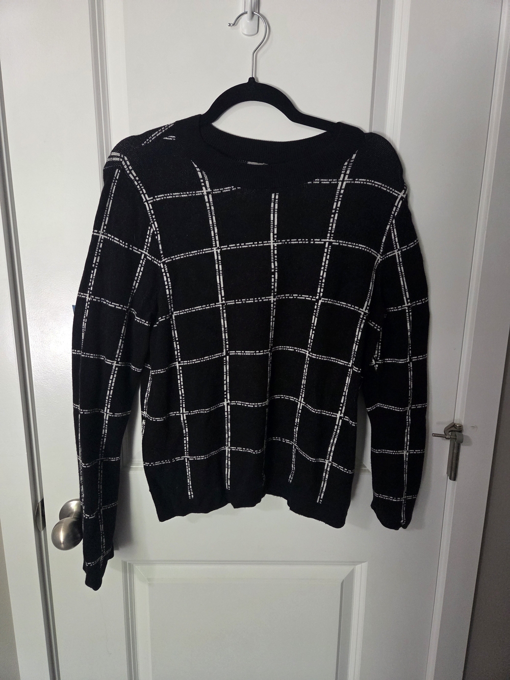 H&M Black Crewneck Sweater with White Windowpane Grid